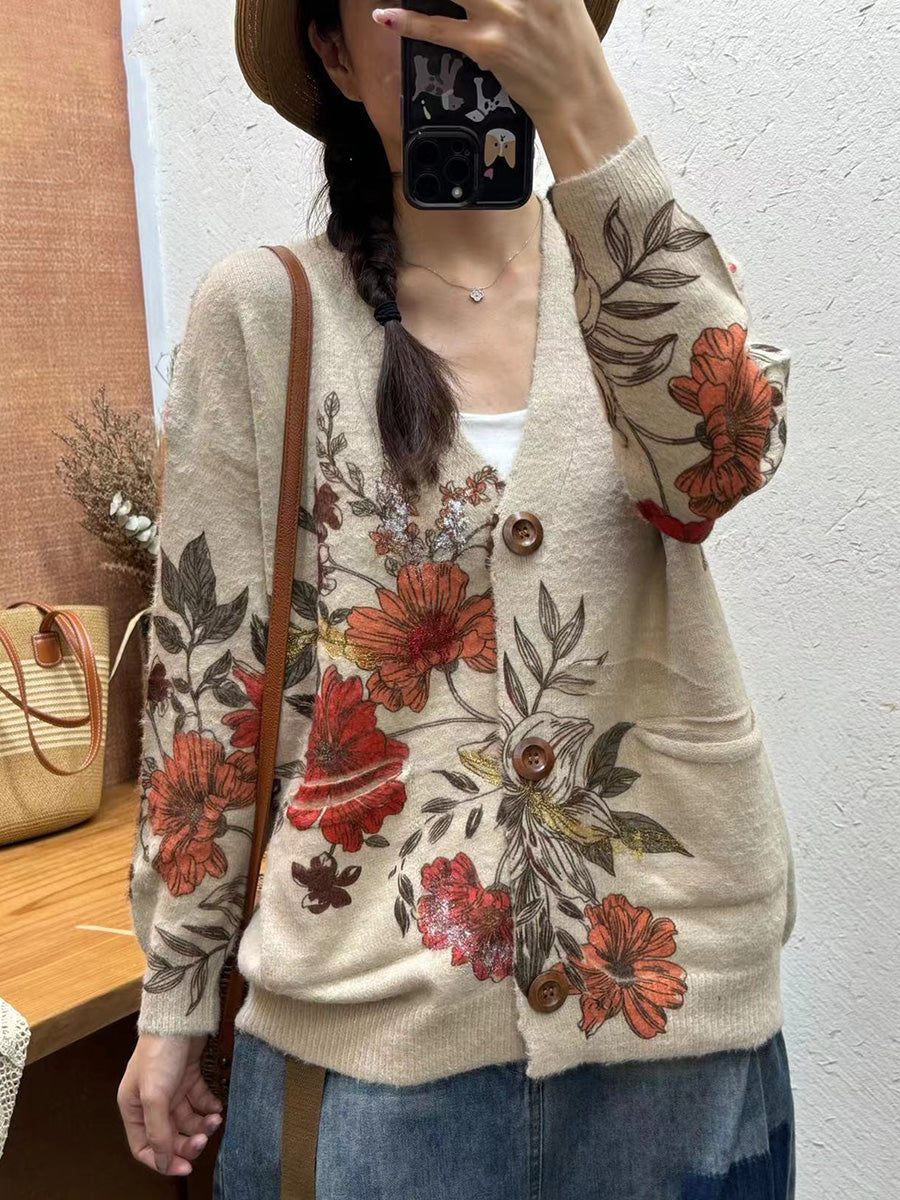 Damen Herbst Blumen Gespleißt V-Ausschnitt Strickjacke Pullover AI1055 