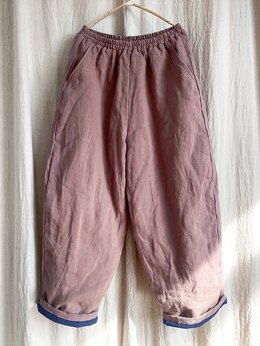 Women Winter Rero Solid Linen Pocket Harem Pants AT1096