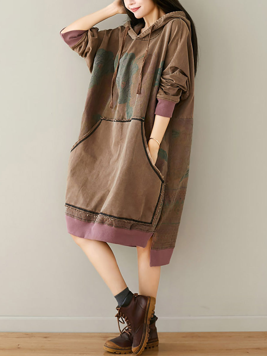 Women Autumn Retro Flower Colorblock Hem Hooded Dress AI1049