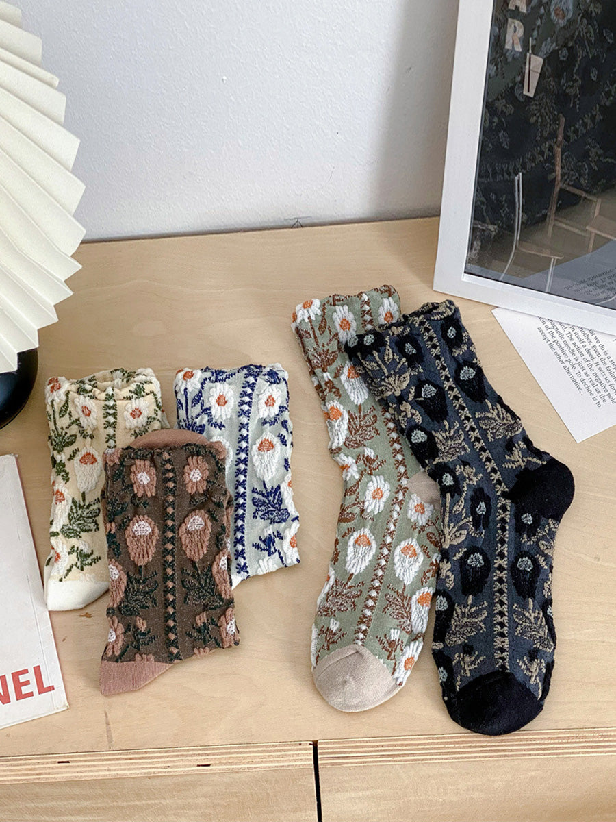 5 Paar Damensocken aus Baumwolle mit Blumenmuster im Jacquard-Stil AI1084