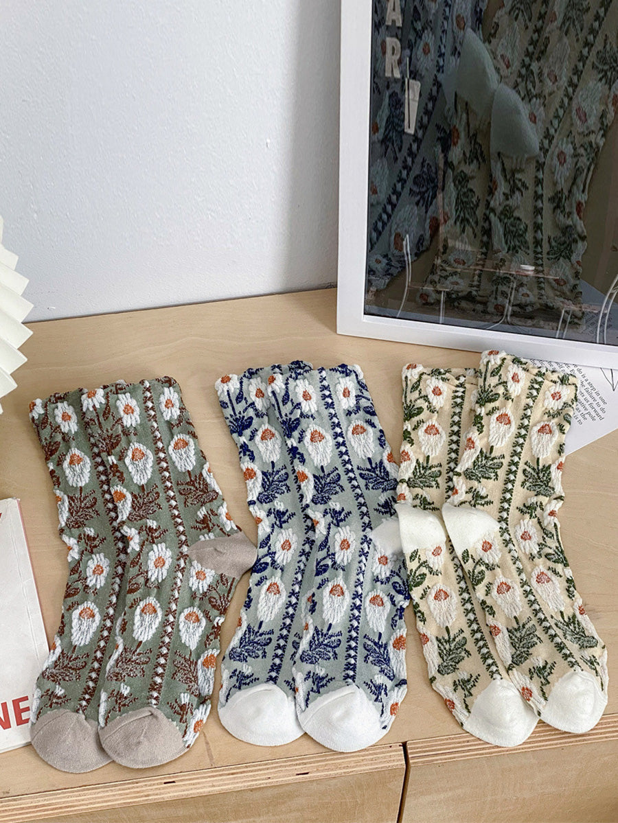 5 Paar Damensocken aus Baumwolle mit Blumenmuster im Jacquard-Stil AI1084