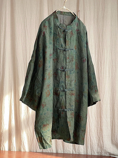 Manteau chemise en lin à col montant et boutons floraux vintage pour femme AT1087 