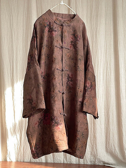 Manteau chemise en lin à col montant et boutons floraux vintage pour femme AT1087 