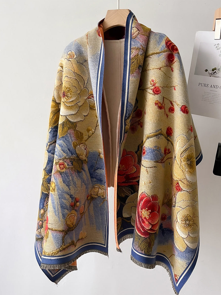 Women Vintage Flower Warm Tassel Cashmere Shawl Scarf AT1092