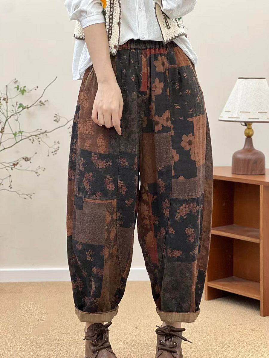 Women Autumn Vintage Patch Spliced Cotton Harem Pants AI1032