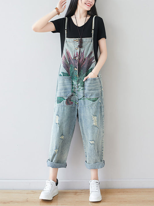 Damen Artsy Flower Ausgefranster Denim-Overall mit Taschen AI1080 