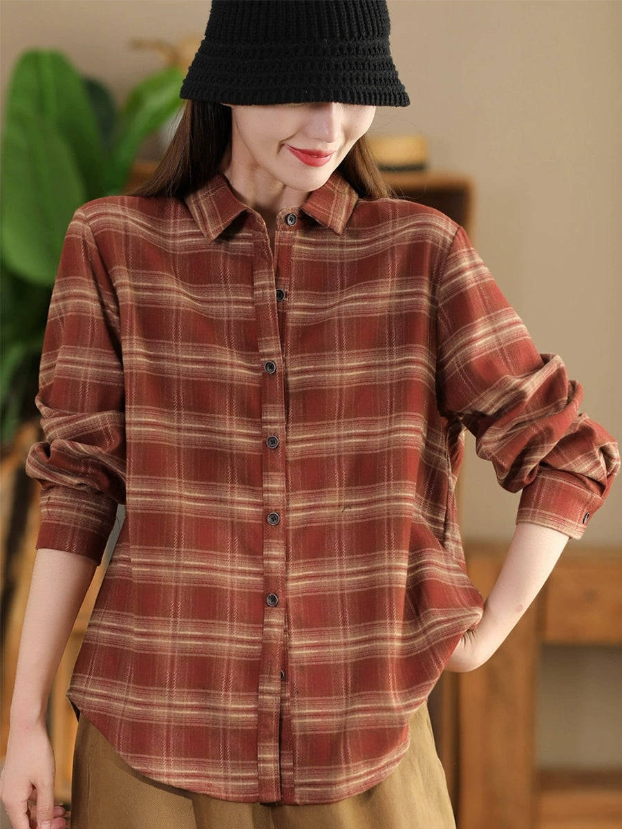 Women Autumn Vintage Plaid Button-up Cotton Blouse AI1031