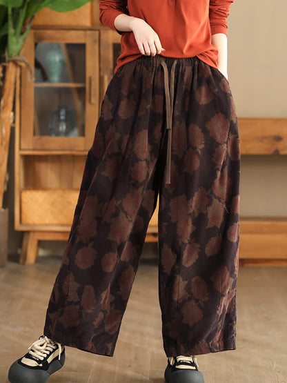 Pantalon sarouel en velours côtelé à bretelles florales vintage pour femme AI1036 