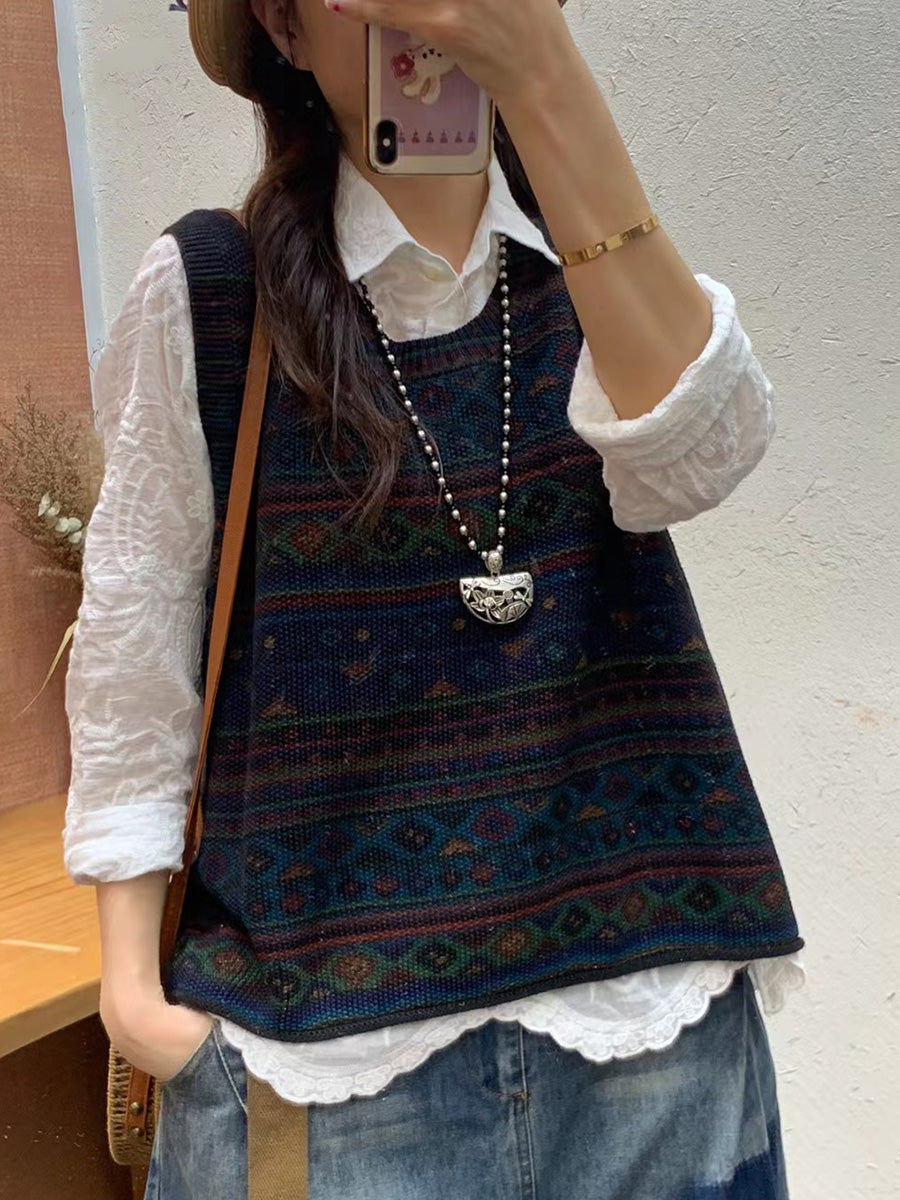 Women Autumn Artsy Colorblock Knit O-Neck Vest AH1032