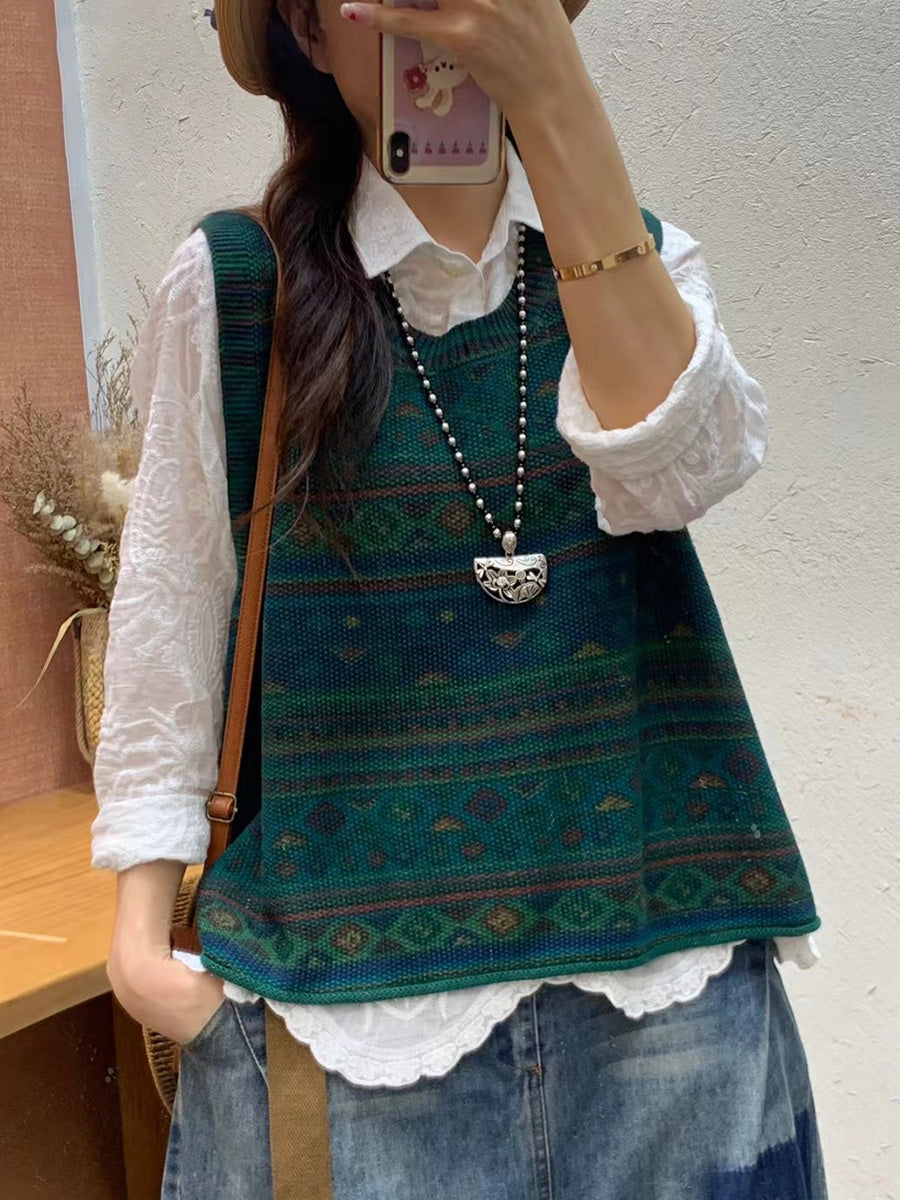 Women Autumn Artsy Colorblock Knit O-Neck Vest AH1032