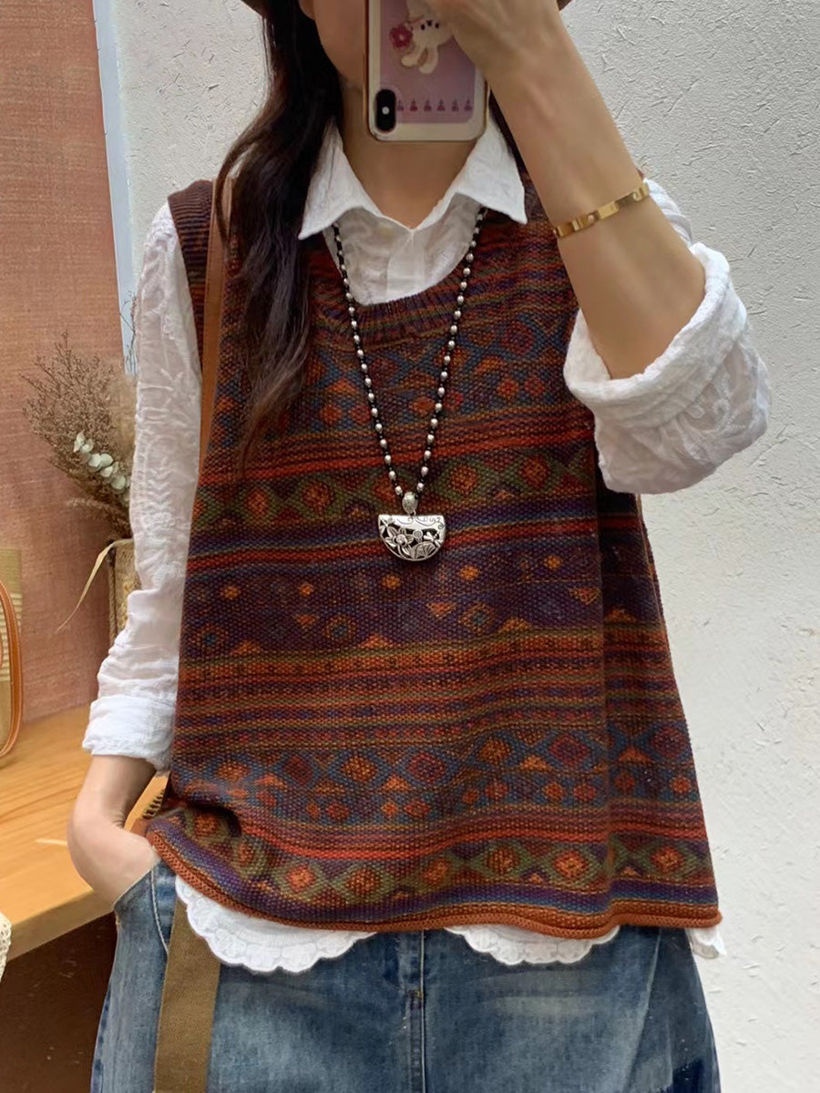 Women Autumn Artsy Colorblock Knit O-Neck Vest AH1032