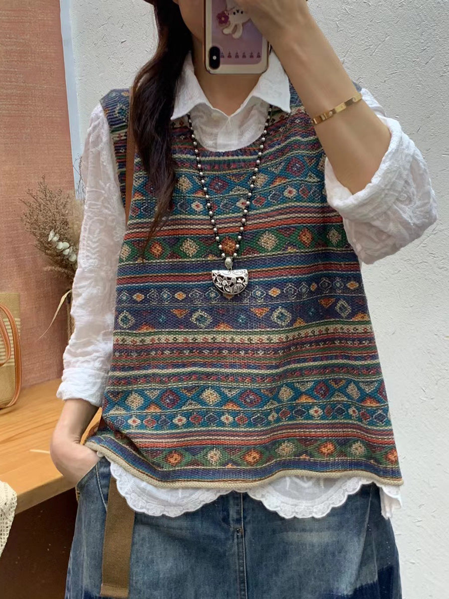 Women Autumn Artsy Colorblock Knit O-Neck Vest AH1032