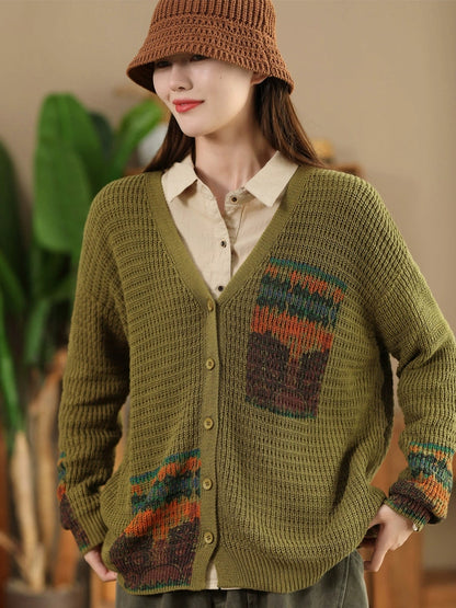 Cardigan en tricot à col en V et imprimé artistique vintage pour femme AH1012