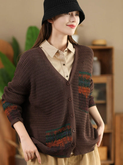 Cardigan en tricot à col en V et imprimé artistique vintage pour femme AH1012