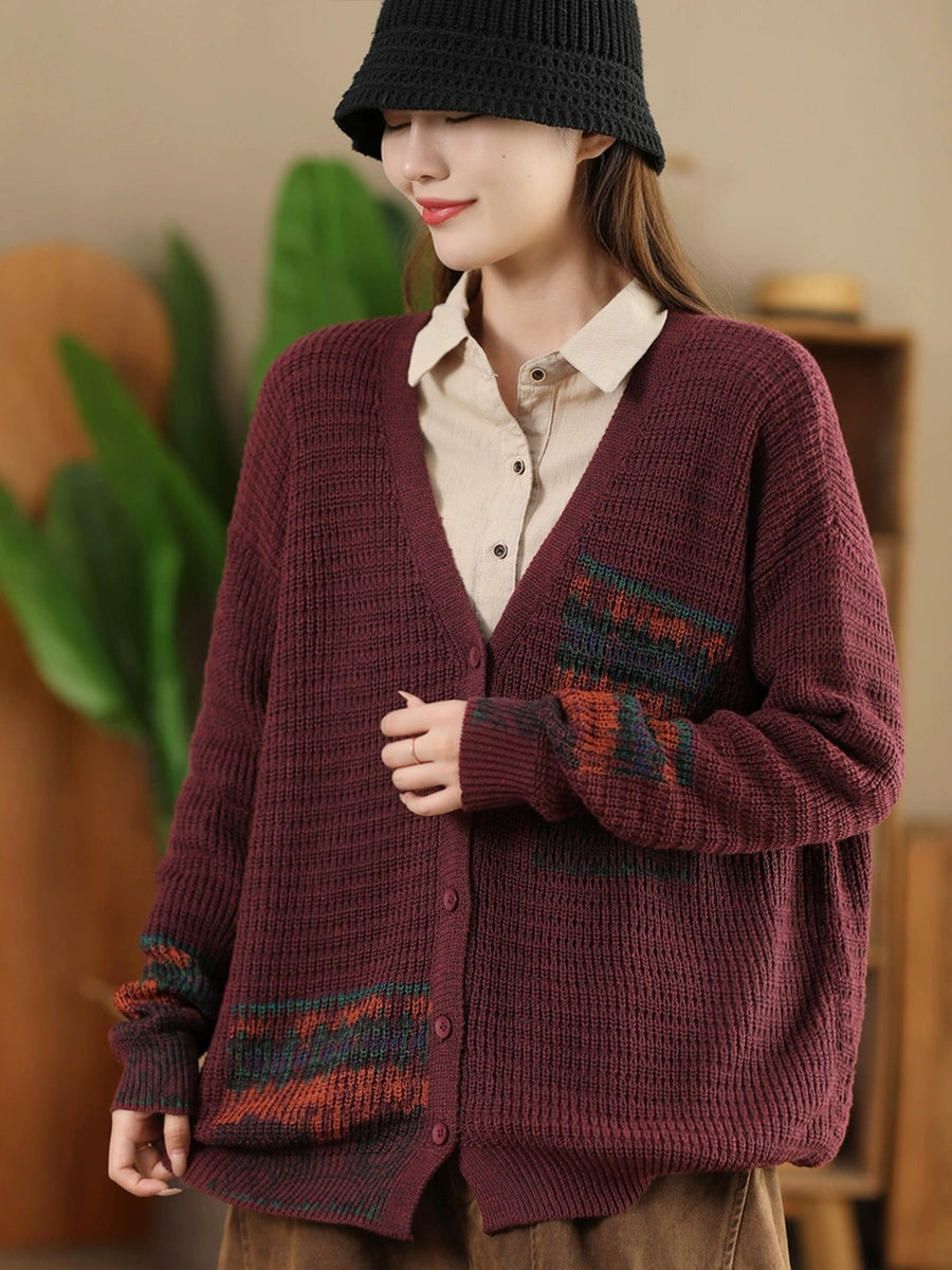 Women Vintage Artsy Print Knit V-Neck Cardigan Sweater AH1012