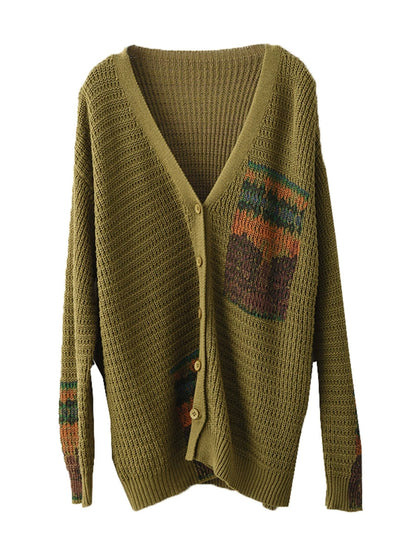 Cardigan en tricot à col en V et imprimé artistique vintage pour femme AH1012