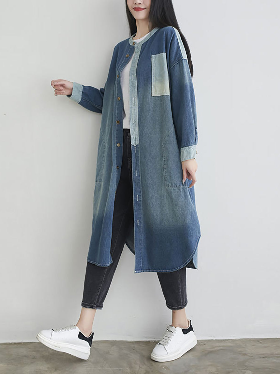 Women Autumn Casual Colorblock Pocket Denim Coat AH1041