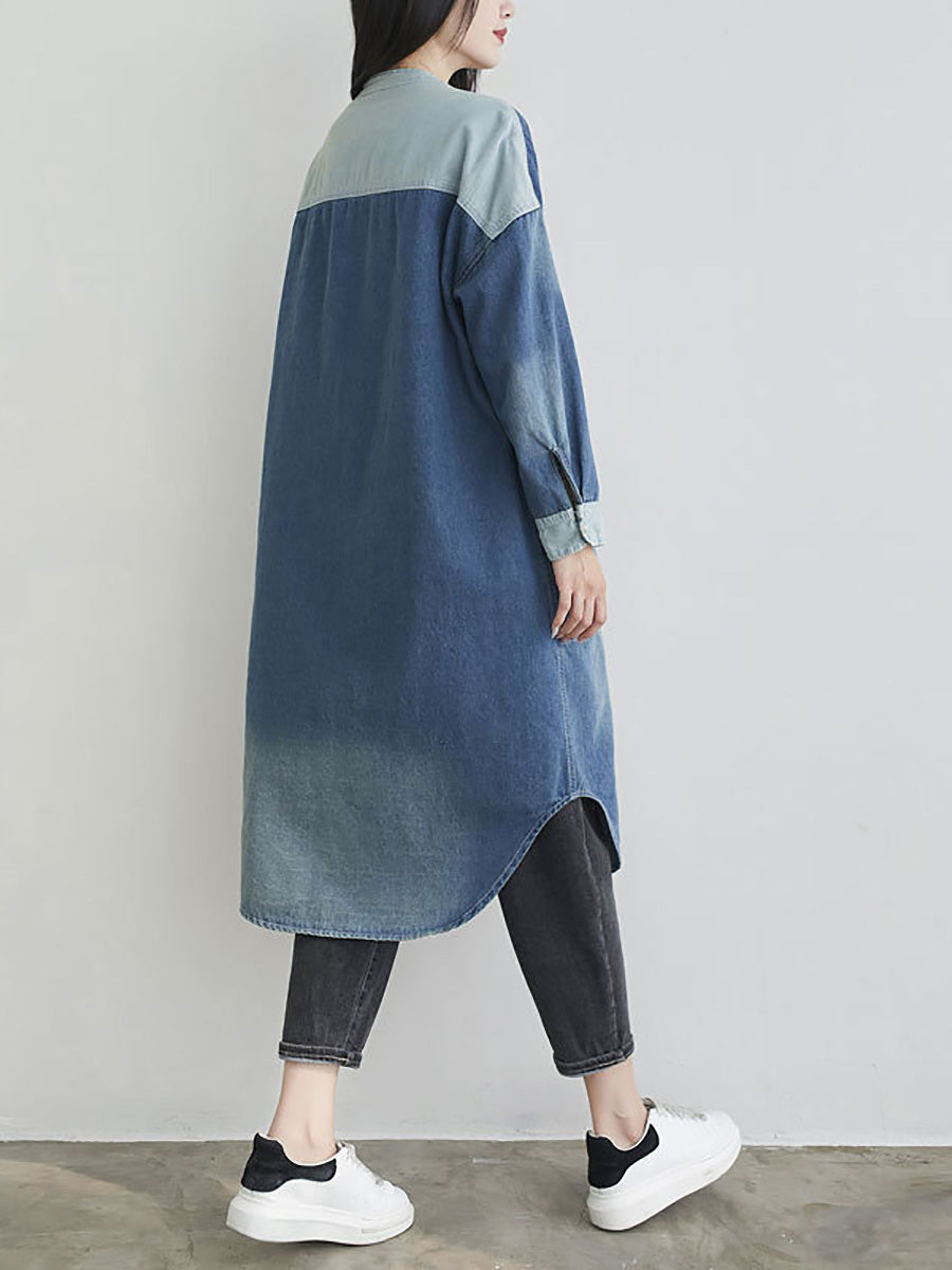 Women Autumn Casual Colorblock Pocket Denim Coat AH1041