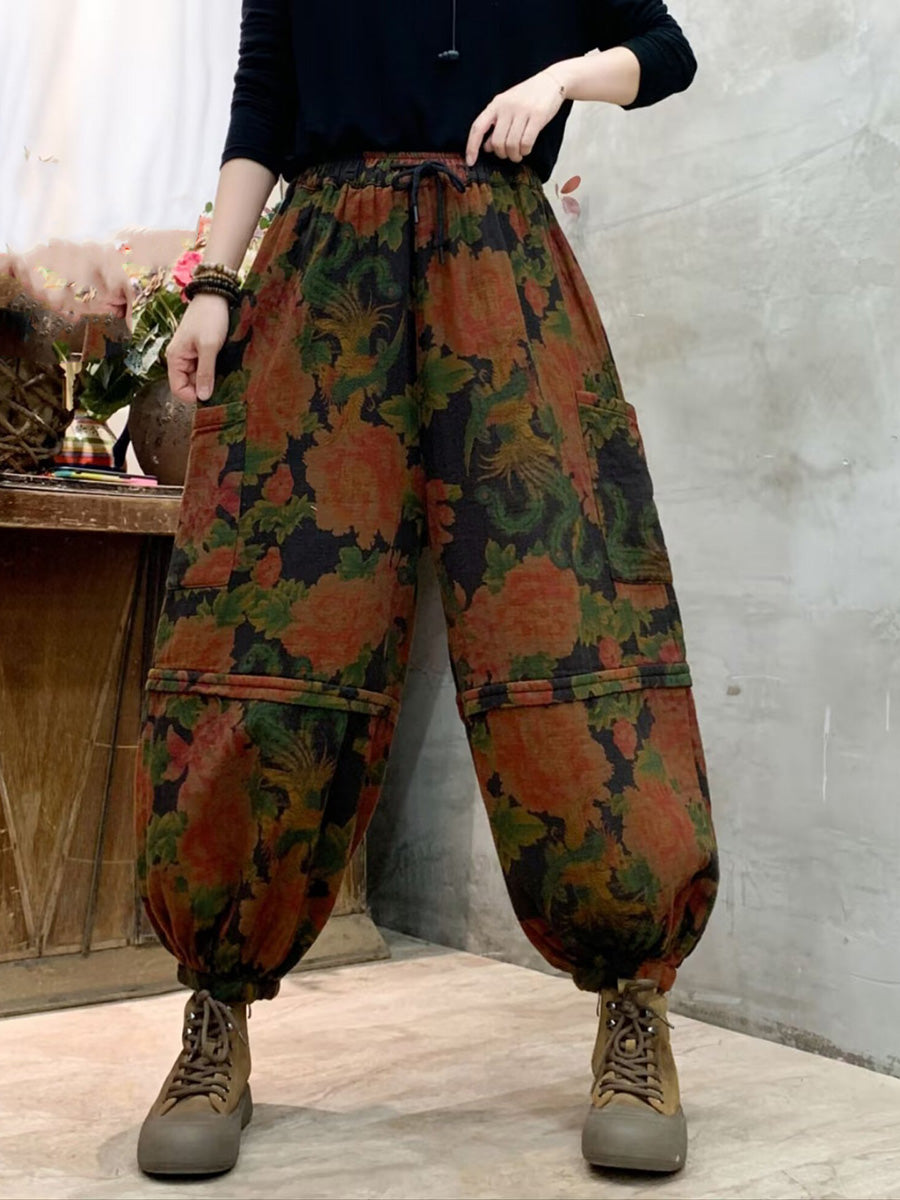 Women Autumn Vintage Flower Spliced Cotton Harem Pants AH1004