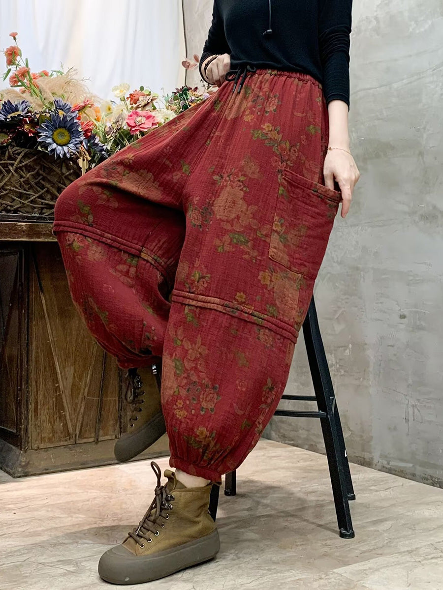 Women Autumn Vintage Flower Spliced Cotton Harem Pants AH1004