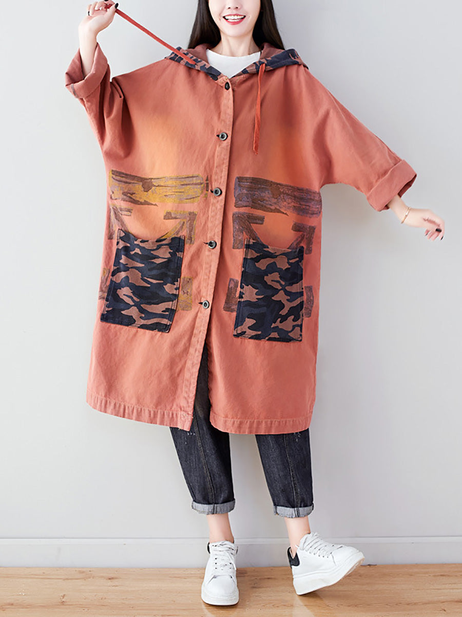 Women Autumn Artsy Colorblock Cotton Hooded Coat AH1030