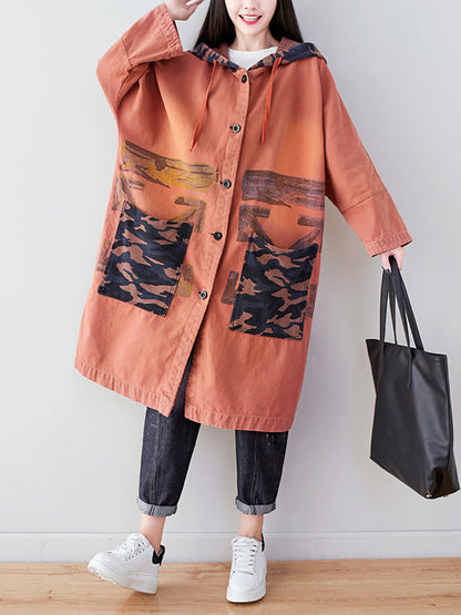 Women Autumn Artsy Colorblock Cotton Hooded Coat AH1030