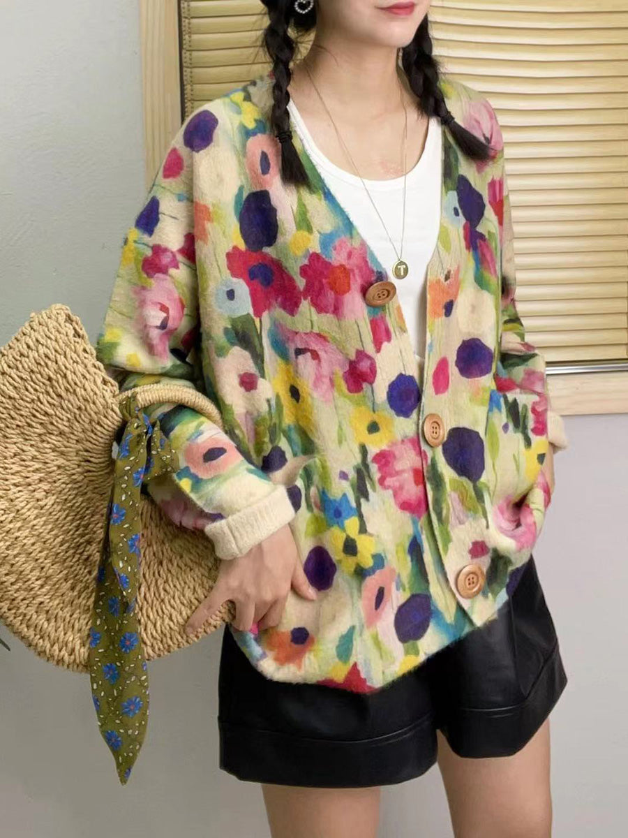 Women Autumn Floral V-Neck Knit Sweater AH1048