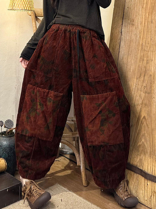 Women Autumn Vintage Flower Spliced Corduroy Harem Pants AH1003