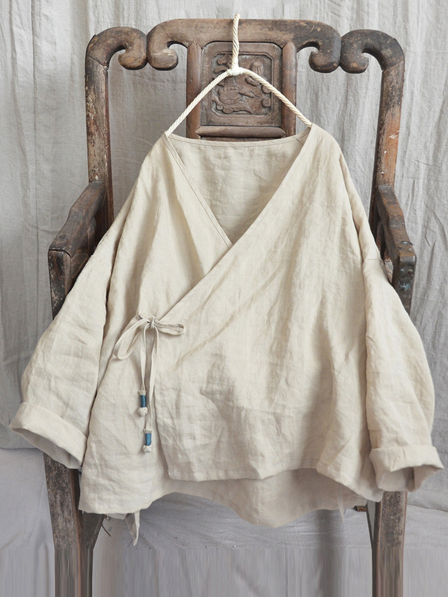 Women Vintage Autumn V-Neck Strap Loose Linen  AK1012