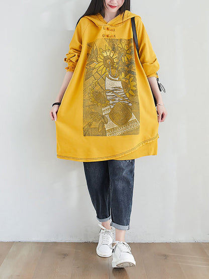 Robe à capuche en coton épissée à motif tournesol pour femme, style artistique, automne, AH1028 