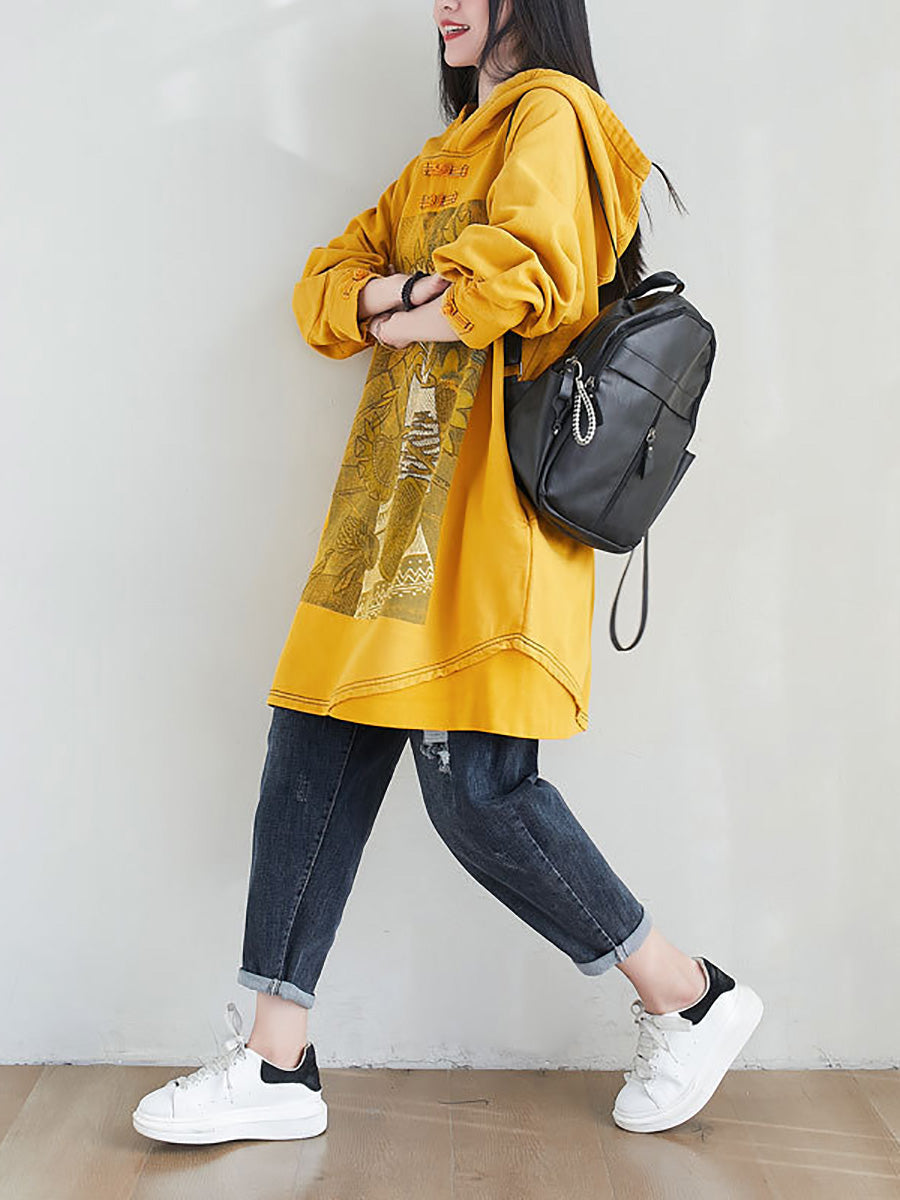 Women Artsy Autumn Sunflower Spliced Hooded Cotton Dress AH1028