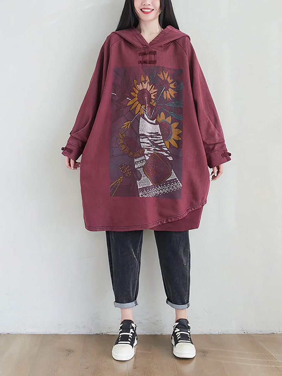 Women Artsy Autumn Sunflower Spliced Hooded Cotton Dress AH1028