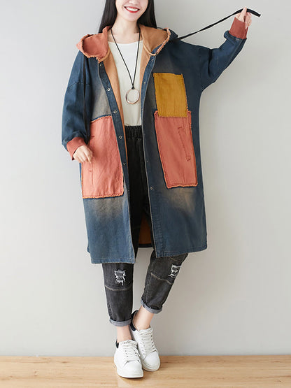 Manteau à capuche en denim à blocs de couleurs pour femmes, automne, AH1031 