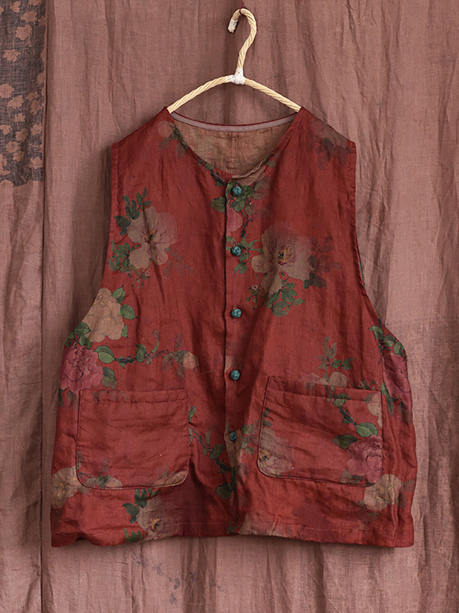 Women Vintage Flower O-Neck Thin Linen Vest AH1019