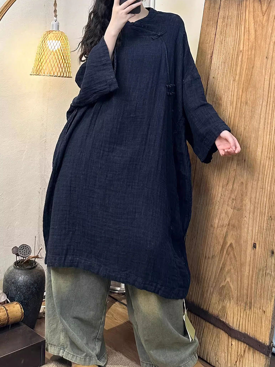 Women Vintage Autumn Solid Linen Cotton Robe Dress AH1016