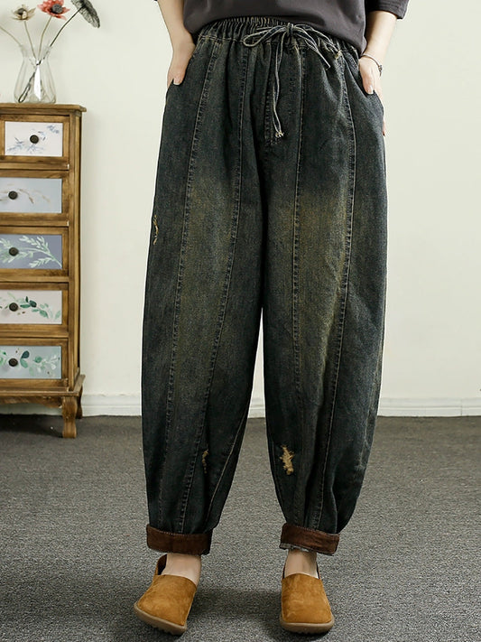 Women Autumn Retro Frayed Denim Spliced Harem Pants AH1055