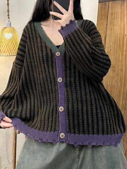 Women Artsy Autumn Colorblock Knit Cardigan Sweater Coat AH1026