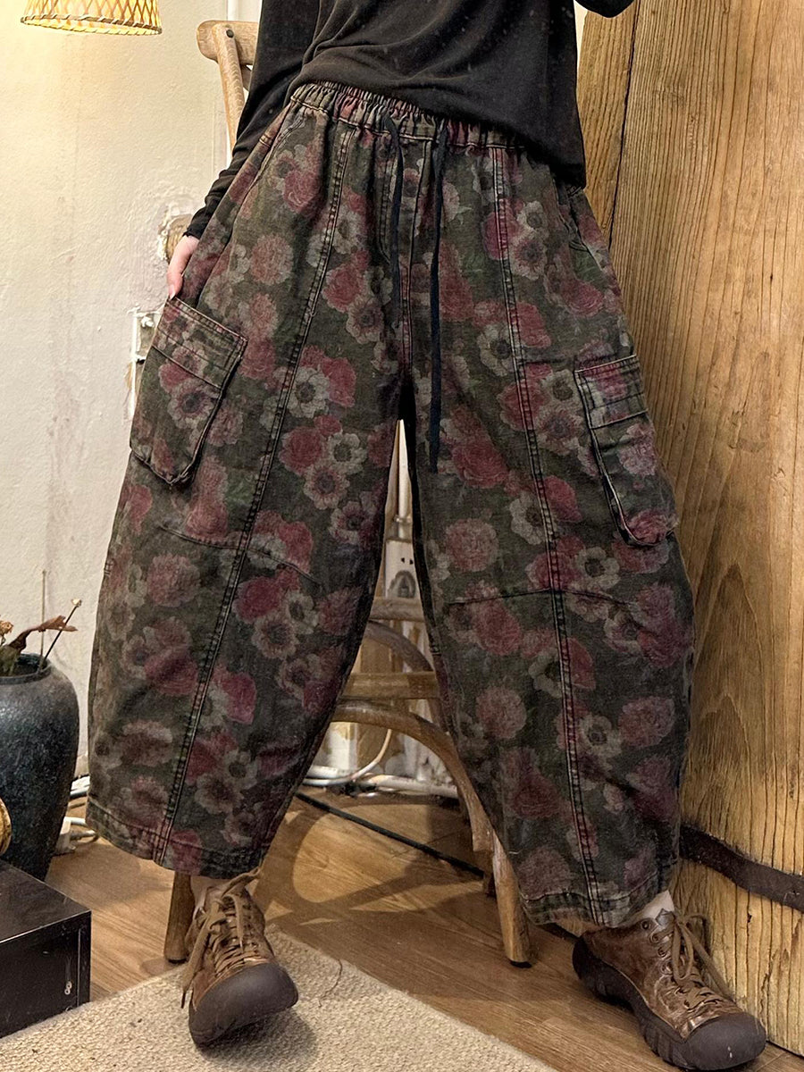 Women Autumn Retro Flower Denim Spliced Harem Pants AK1019