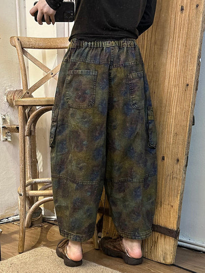 Pantalon sarouel épissé en denim à fleurs rétro pour femme AK1019 