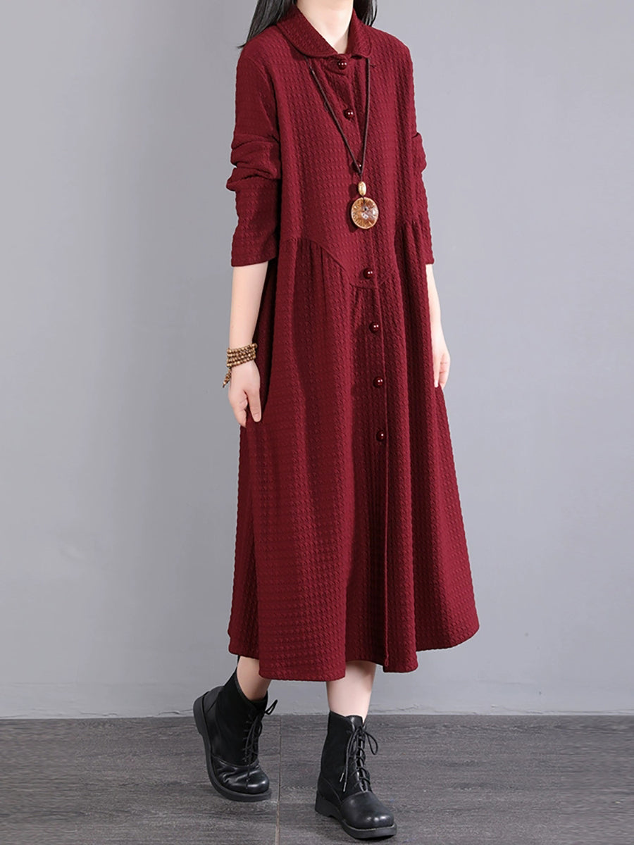 Plus Size Women Autumn Commute Solid Button Loose Dress AK1015