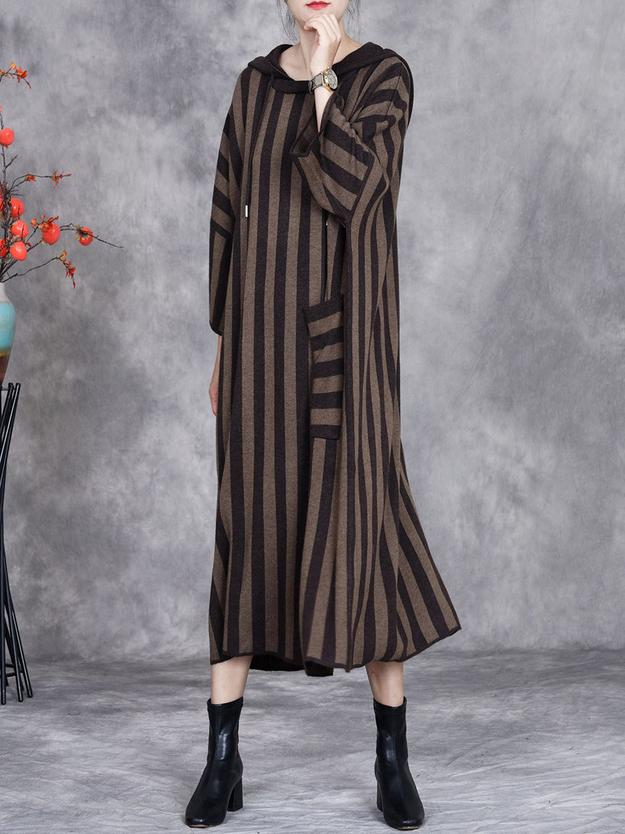 Women Autumn Artsy Stripe Colorblock Hooded Knit Dress AK1027