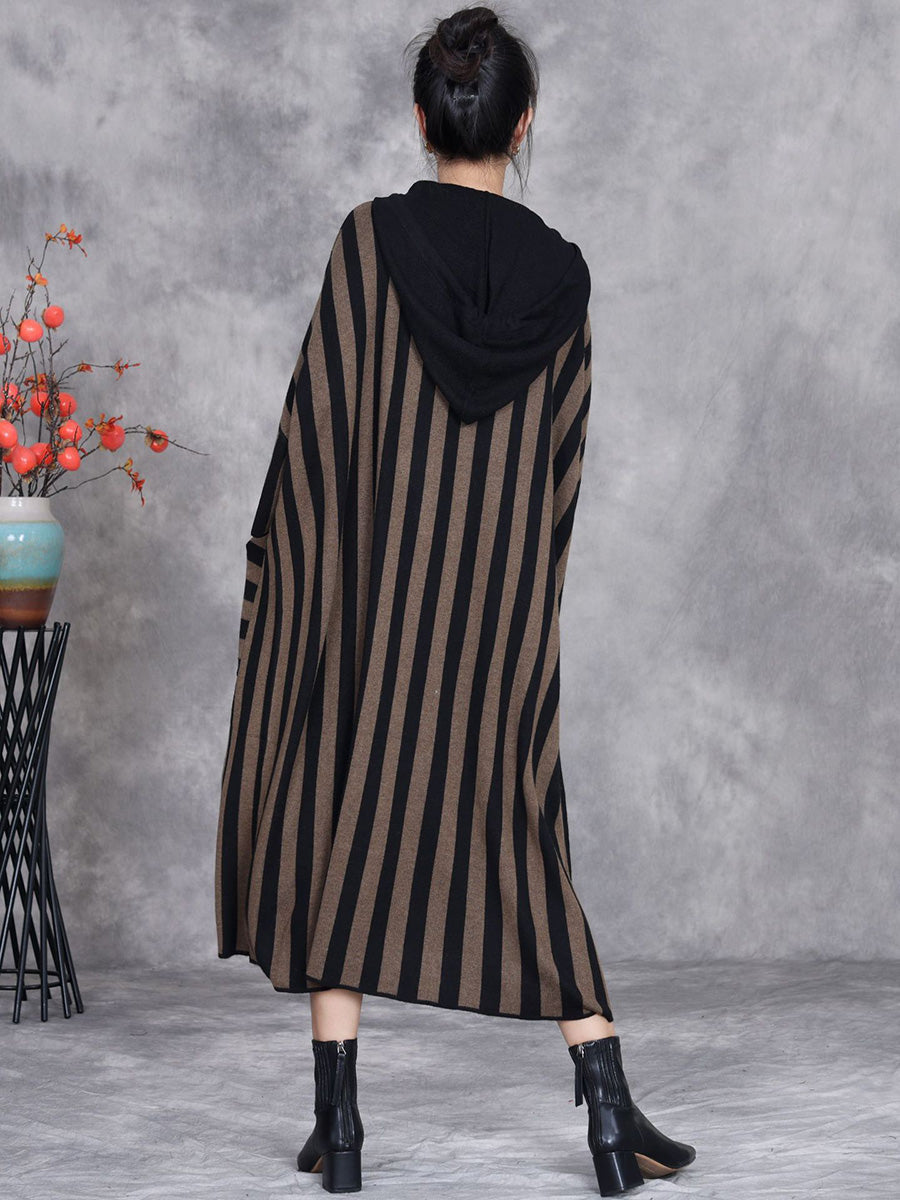 Women Autumn Artsy Stripe Colorblock Hooded Knit Dress AK1027