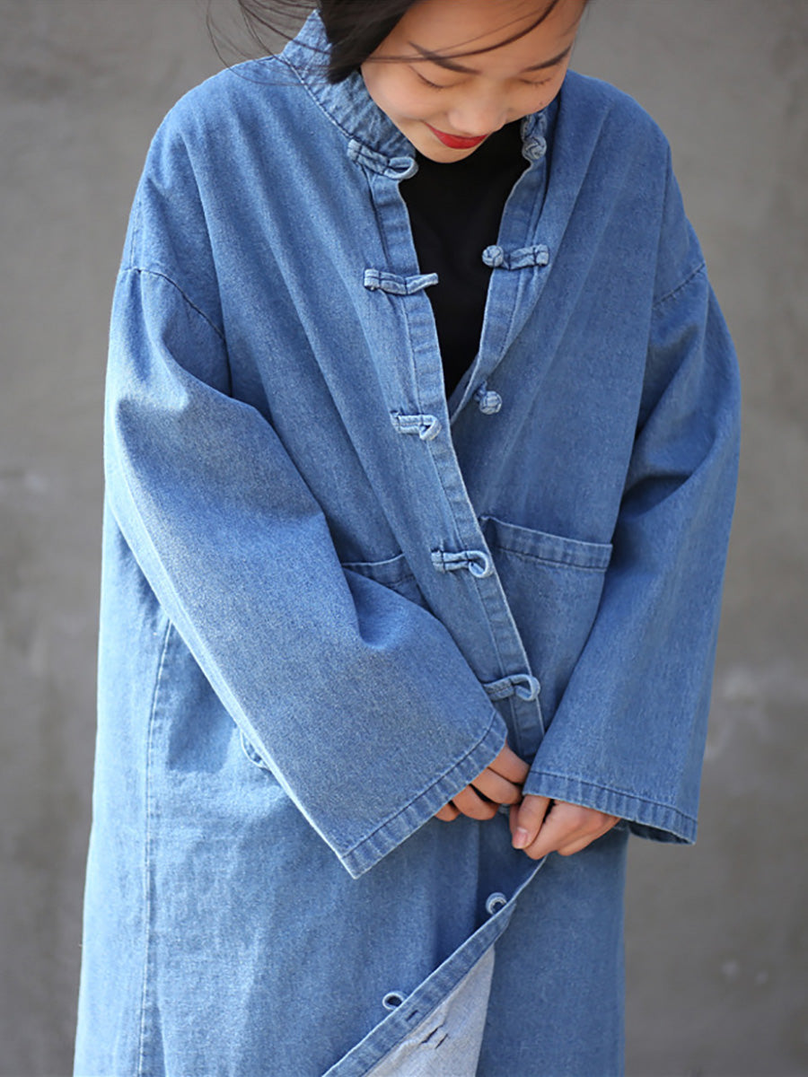 Women Autumn Casual Solid Pocket Denim Robe Coat AK1032