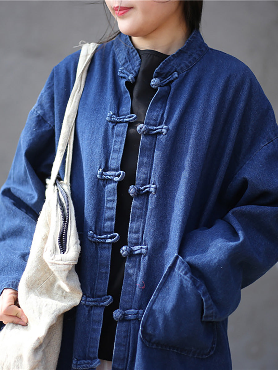 Women Autumn Casual Solid Pocket Denim Robe Coat AK1032