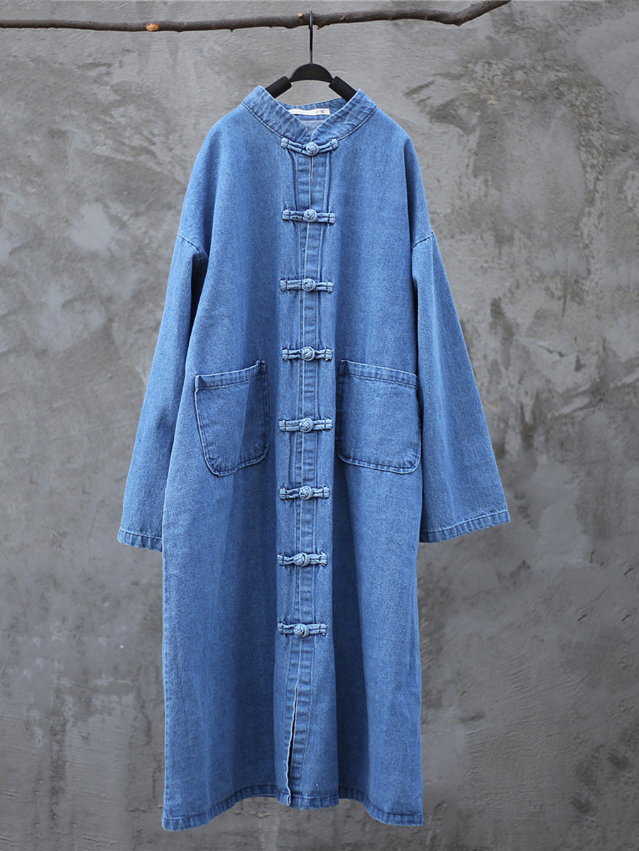 Women Autumn Casual Solid Pocket Denim Robe Coat AK1032