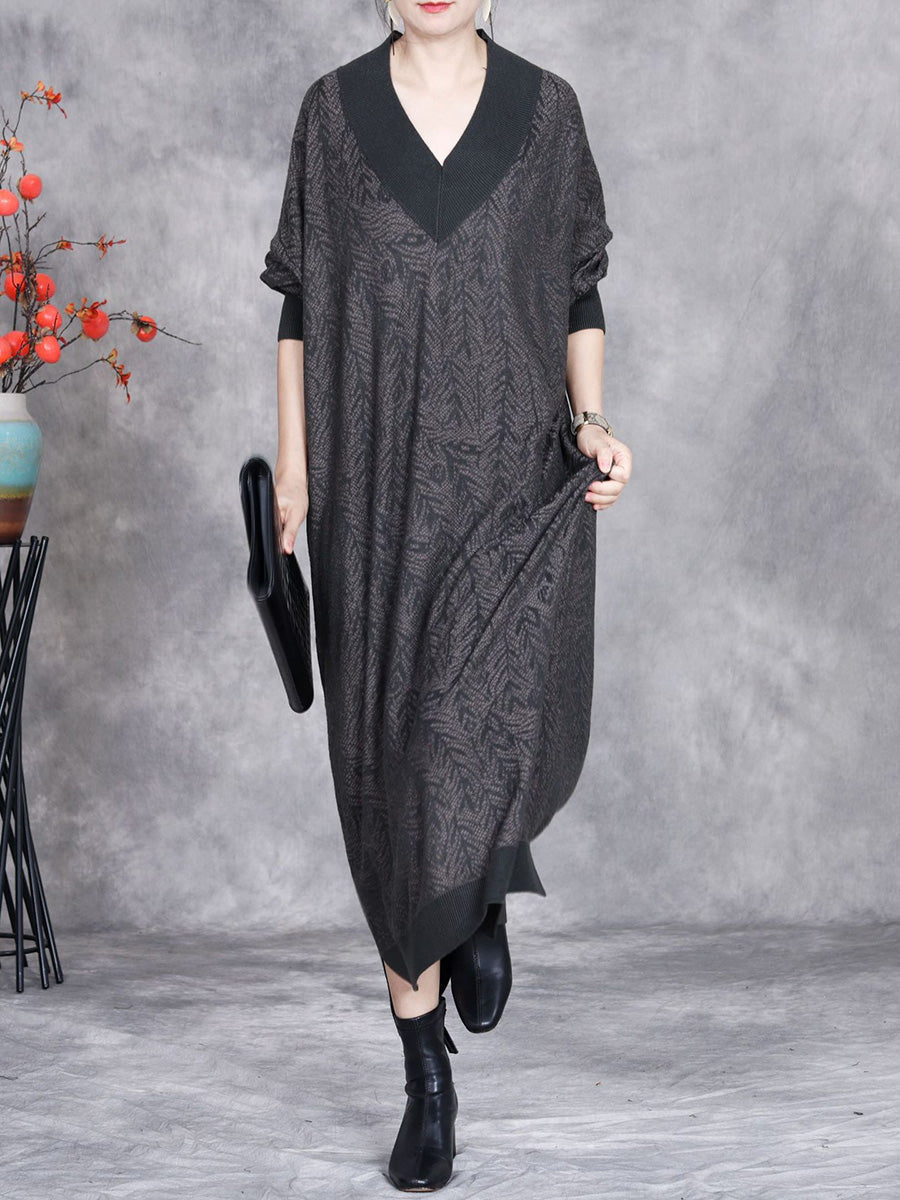 Women Autumn Artsy Colorblock V-neck Knit Dress AK1037