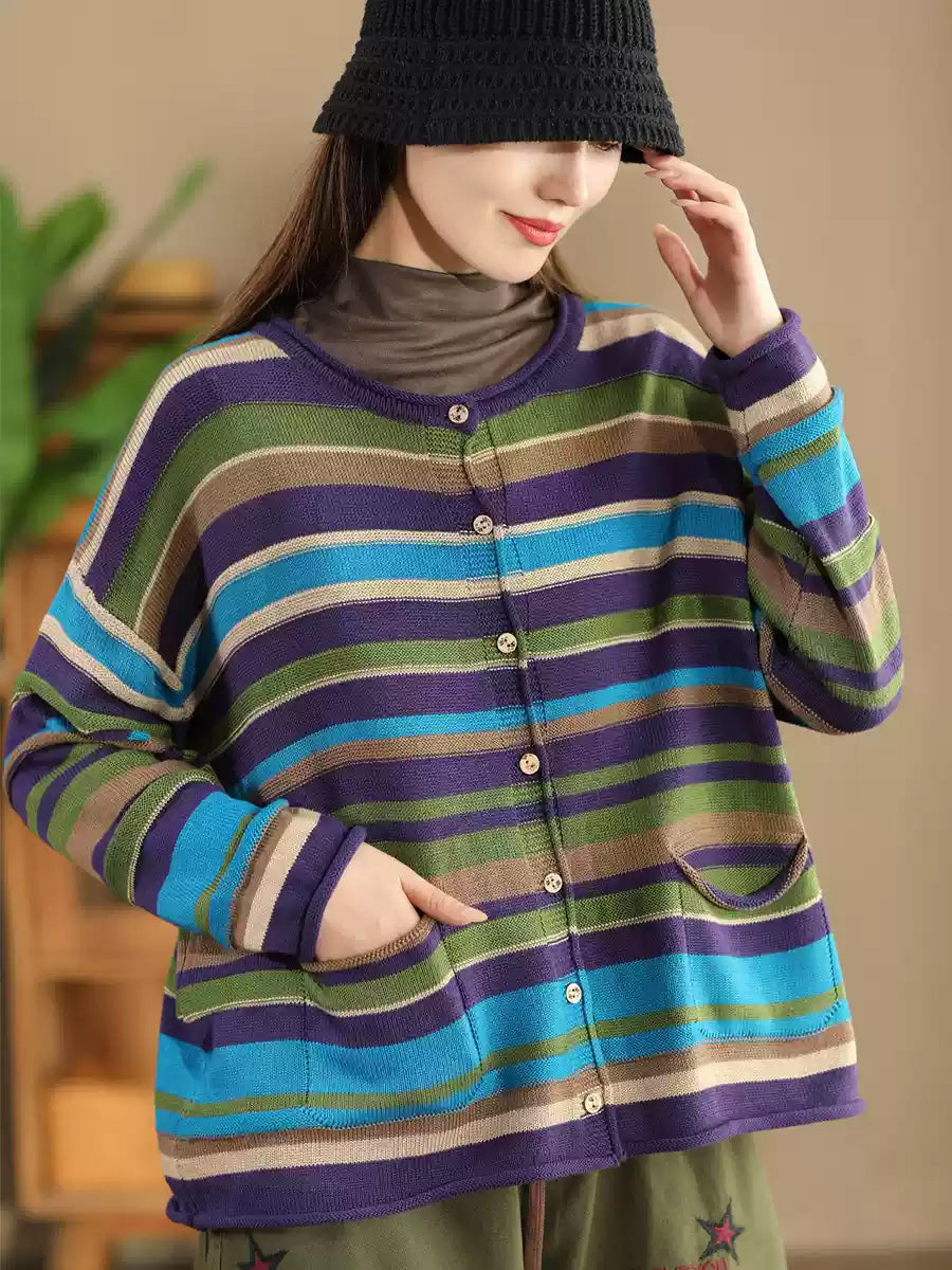 Lässiger Herbstpullover aus Baumwolle mit Farbblock-Streifen und Rundhalsausschnitt für Damen AH1069 