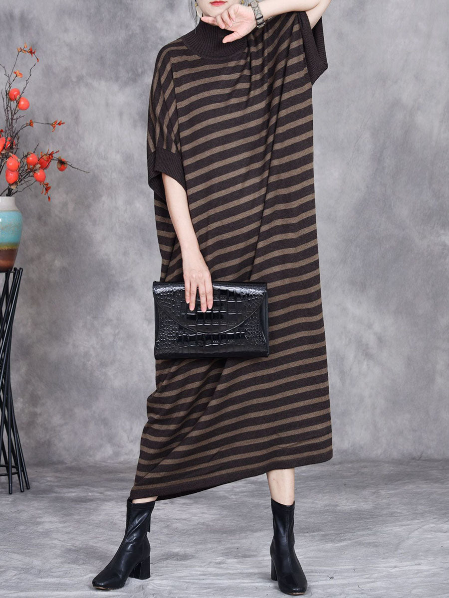 Women Autumn Stripe Short Sleeve Half Turtleneck Knit Dress AV1012