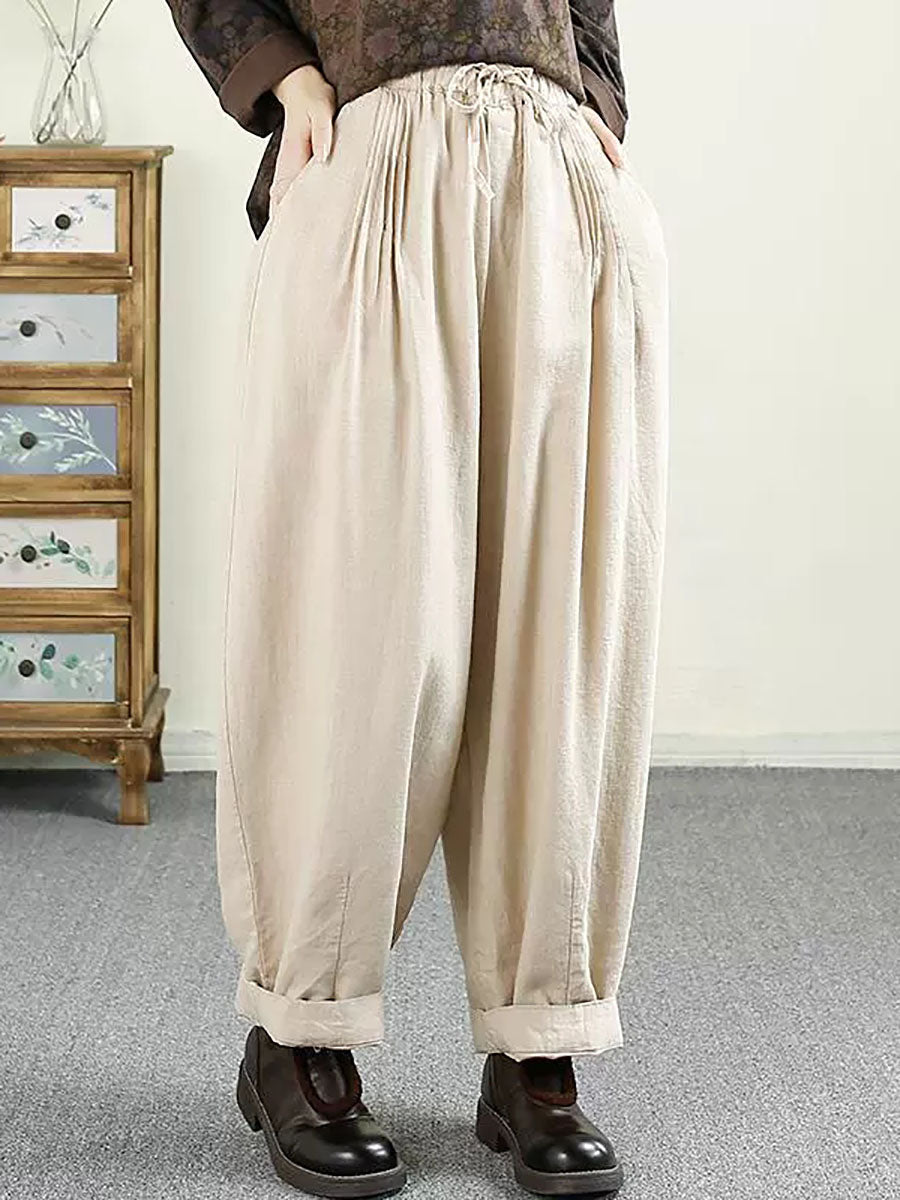 Women Autumn Vintage Solid Shirred Linen Harem Pants AV1014