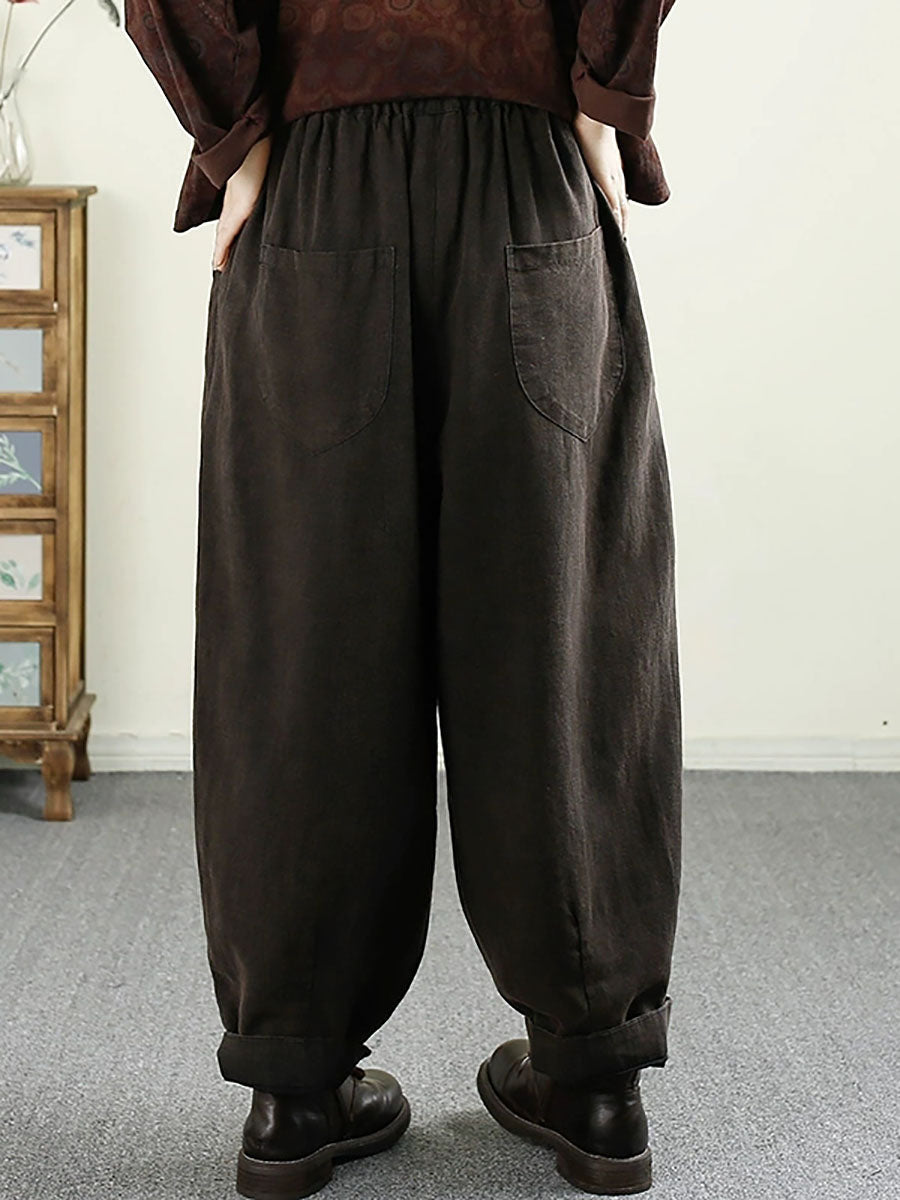 Women Autumn Vintage Solid Shirred Linen Harem Pants AV1014